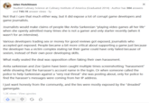 Jalen Hutchinson Studied Culinary Science at Culinary Institute of America (Graduated 2014). Author has 304 answers and 740.1K answer views. 5y Not that I care that much either way, but it did expose a lot of corrupt game developers and game journalists. X Journalists would make claims of people like Anita Sarkeesian "playing video games all her life" when she openly admitted many times she is not a gamer and only starter recently (when it wasn't for an interview). Various developers trading sex or money for good reviews got exposed, journalists who accepted got exposed. People became a bit more critical about supporting a game just because the developer has a victim complex stating tat their game could have only failed because of sexism, instead of their own poor developing skills. What really sealed the deal was opposition often faking their own harassment. Anita sarkeesian and Zoe Quinn have been caught multiple times screenshotting "harassment" while showing that the harrasser's account name in the login. Or when someone called the police to help Sarkeesian against a "very real threat" she was posting about, only for police to find the harasser's messages were coming from her IP address. I just want honesty from the community, and the lies were mostly exposed by the "dreaded" gamergate. 1.3K views • View upvotes 26