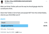 Sir Marv-Elous SUPER MEGA NUCLEAR NAFO @SirSchming Mike Lee thinks Twitter polls are the way he should gauge what his constituents think. Given that Twitter is full of bots and people NOT from the United States, what do you think Mike Lee is? #NAFO Stupid Bought and Paid for 338 votes Final results : 10:29 AM . Sep 22, 2023 1,455 Views 41.1% 58.9%
