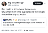 Big Strap Energy @d_la_reina Follow Boy math is giving your baby mom $107/month in child support and thinking it funded her trip to Aruba 4:05 AM . Sep 26, 2023 2.3M Views : Muffs + @lovergworl. Sep 25 Boy math is raising three (3) pit bulls instead of one (1) child ●