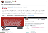 Bill Please @Bawls_Plz You should be institutionalized Laura Loomer Has @taylorswift13 made a deal with George Soros and Alex Soros to get the rights to her music back in exchange for getting Zoomers registered to vote Democrat against President Trump ahead of the 2024 Presidential election? Gen Z + Taylor Swift = Gavin Newsom in the... Show more a 2017 release but they're actually releasing it tonight at midnight. @LauraLoomer . Sep 26 I'm always honest with you guys about this stuff so I just wanted to tell you that this release is not approved by me. It looks to me like Scooter Braun and his financial backers, 23 Capital, Alex Soros and the Soros family and The Carlyle Group have Taylor Swift @taylorswift13 I'm the problem, it's me cian taylorswift.com Follow Donald J. Trump @realDonald Trump 45th President of the United States of America Donald Trump.comJoined March 2009 51 Following 87.3M Followers Miami, FL, USA 18 551 2024 FRI 7:00 PM 19 OCT Following This event is selling fast for Taylor Swift Less than 2% of total tickets in the venue currently available Taylor Swift Miami, FL, USA : ...
