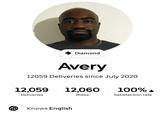 Diamond Avery 12059 Deliveries since July 2020 12,059 12,060 Deliveries Rides Knows English 100% b Satisfaction rate
