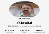 Diamond Abdul 21061 Deliveries since July 2015 21,061 13,033 Deliveries Rides 98% Satisfaction rate