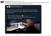 doomer @uncledoomer. 18h sometimes you dont care who does it, you just dont like a guy and you just want to see somebody absolutely cook his ass Richard Spencer @RichardBSpencer Do you have any tips on the best way to rid the world of freakishly ugly Malaysian online foreign operatives? lan Miles Cheong @stillgray. 8h This is how you deal with wild hogs. Can anyone think of a better solution? 43 t 498 REBEL 11.1K ICC ilıl 377.5K ↑