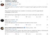 K Hidden replies Replies hidden by @Bungie Ty Hall @T_Times_3 - 18h Replying to @Bungie Calling a Latino or Latina "Latinx" is a good way to get yourself a nice beat down. They don't subscribe to our western nonsense, and it's a gendered language to start with. Quit applying our garbage to people who want nothing to do with it. 1 62 1,941 23 iran @iran42069 - 18h Replying to @Bungie please Bungie just call me b----- but latinx is too much 95 1 66 1,609 14 79.1K 1,414 61.4K Spicy Halo's Schizo Meltdowns @Spicy Halo 18h Replying to @Bungie There's only Latino or Latina. No Latino person asked for latinx. Y'all should be ashamed for posting this. Call me a slur instead of this. 17 50 ↑ 66.8K ... ... ↑