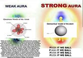 WEAK AURA Quantum Model of the Atom 2s orbital 1s orbital 03003 How StaWorks Nucleus >2p orbitals 3s orbital Atoms are made of smaller particles, called electrons, protons, and neutrons. An atom consists of a cloud of electrons surrounding a small, dense nucleus of protons and neutrons. Electrons and protons have a property called electric charge, which affects the way they interact with each other and with other electrically charged particles. Electrons carry a negative electric charge, while protons have a positive electric charge. The negative charge is the opposite of the positive charge, and, like the opposite poles of a magnet, these opposite electric charges attract one another. Conversely, like charges (negative and negative, or positive and positive) repel one another. The attraction between an atom's electrons and its protons holds the atom together. Normally, an atom is electrically neutral, which means that the negative charge of its electrons is exactly equaled by the positive charge of its protons. STRONG AURA Democritus' model of the atom O Atom FFFF IT WE BALL IT WE BALL IT WE BALL IT WE BALL