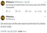 FPSthetics FPSthetics FPSthetics @FPSthetics Sep 28 you telling me skibidi toilet is the reason epic laid off 900 employees? 23 FPSthetics @FPSthetics t 168 7:04 PM . Sep 28, 2023 15.3K Views 3,422 (ok obviously not the sole reason but the fact it's a factor at all is nutty) . ılı 102.9K ↑