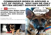 COMMANDER BIDEN IS AROUND A LOT OF PEOPLE. WHY HAS HE ONLY BITTEN SECRET SERVICE AGENTS? = politics Commander Biden bites another Secret Service agent, the 11th known incident By Betsy Klein, CNN Published 3:39 PM EDT, Tue September 26, : made with mematic I SWEAR, I ONLY BITE ASSHOLES!
