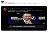 JUNlPER's Twitter Ban Pr lula @gendermarxism Journalist "JUNIPER" has been taken into custody by local law enforcement for illegal use of comedy. #RIPjuniper P pudding person @JUNIPER 50m NEW SCOOP: evidence showing elon musk is a p-------- mounting quickly VIVA TECHNOLO fortune.com Rate proposed Community Notes This is true. 1:55 PM . Oct 6, 2023 4,262 Views ... VIVA TECHI :