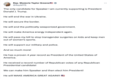O Rep. Marjorie Taylor Greene @RepMTG The only candidate for Speaker I am currently supporting is President Donald J. Trump. He will end the war in Ukraine. He will secure the border. He will end the politically weaponized government. He will make America energy independent again. He will pass my bill to stop transgender surgeries on kids and keep men out of women's sports. He will support our military and police. And so much more! He has a proven 4 year record as President of the United States of America. He received a record number of Republican votes of any Republican Presidential candidate! We can make him Speaker and then elect him President! He will MAKE AMERICA GREAT AGAIN!!!