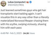 Lukas (computer) @SCHIZO_FREQ Just learned sometimes guys who get hair transplants start balding again. I can't visualize this in any way other than a literally materialized Norwood Reaper chasing them with his scythe, swiping viciously, shaving him with each pass 4:48 PM. Feb 3, 2023 24.2K Views