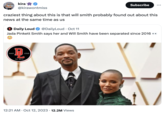 kira @kirawontmiss craziest thing about this is that will smith probably found out about this news at the same time as us DARY -D. Daily Loud @DailyLoud Oct 11 Jada Pinkett Smith says her and Will Smith have been separated since 2016.. 2 Est. 2012 LOUD Subscribe . 12:21 AM Oct 12, 2023 12.2M Views •