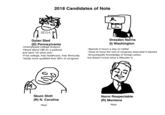 SEGA 2018 Candidates of Note Dylan Sled (D) Pennsylvania -Unemployed college dropout -Heard about UBI on a podcast and went "oh what sick" -Free college, free healthcare, free Shmurda -Vastly more qualified than 99% of congress Skum S---- (R) N. Carolina -Nazi I A Dresden Norris (1) Washington -Spends 5 hours a day on twitter -Vows to have the rest of congress executed if elected -Encyclopedic knowledge of foreign policy but doesn't know what a filibuster is Norm Respectable (R) Montana -Nazi