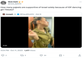 How many pajeets are supportive of Israel solely because of IDF dancing girl Tiktoks? Nick Dahl 4 @nick_dahl14 Joseph 0:25 2 @CaudilloXIV. Oct 9 4:04 PM Oct 11, 2023 1,477 Views 275 24 Q1 ↑