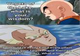 Vegeta of the Lake, what is your wisdom? You could've easily killed every villain with just your Taiyoken and Kienzan, and yet, you didn't. What a moron. imgflip.com