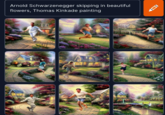Arnold Schwarzenegger skipping in beautiful flowers, Thomas Kinkade painting DID wat