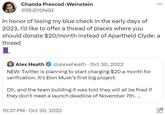 Chanda Prescod-Weinstein @IBJIYONGI In honor of losing my blue check in the early days of 2023, I'd like to offer a thread of places where you should donate $20/month instead of Apartheid Clyde: a thread Alex Heath @alexeheath Oct 30, 2022 NEW: Twitter is planning to start charging $20 a month for verification. It's Elon Musk's first big project. Oh, and the team building it was told they will all be fired if they don't meet a launch deadline of November 7th. ... 10:37 PM . Oct 30, 2022 Thi C.O