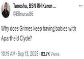 Tanesha, BSN RN Karen ... @ERnurse86 Why does Grimes keep having babies with Apartheid Clyde? 10:19 AM . Sep 13, 2023 82.7K Views .