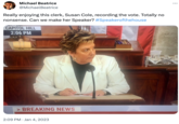 Michael Beatrice @Michael Beatrice Really enjoying this clerk, Susan Cole, recording the vote. Totally no nonsense. Can we make her Speaker? #Speakerofthehouse CAPITOL HILL 2:06 PM > BREAKING NEWS 2:09 PM Jan 4, 2023 113 ASUS