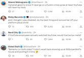 Gianni Matragrano @GetGianni - 2h Hahahah good to know if I ever go on a f----- crime spree at least YouTube will have my back 27 223 5,168 Ricky Berwick @rickyberwick 2h and I thought I was disabled. do the best thing and remove her off your platform jesus christ 72 1 502 9,262 ili 46.8K 89.5K 13K Nerd City @nerdcity - 2h If YouTube employees actually watched YouTube, would that be too meta? 97 1 49 1,884 ₁38.9K ... Dolan Dark @DolanDark - 2h "Behavior on both sides"? I don't recall Jack showing up at SSSniperWolf's house and posting it online 28 1 356 ili 94.8K ...