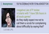: Anonymous 3.35 MB JPG 10/16/23(Mon)14:59:15 No.654337134 >negative Lies of P review >it starts with "i have 50k hours in all souls games" do they really expect me not to call them a scrub for complaining about difficultly by saying that?