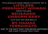THIS WOULD HAVE BEEN A PHOTO OF A LIFELESS PREGNANT WOMAN NEXT TO HER BEHEADED UNBORN BABY CUT OUT OF HER BELLY BY HAMAS TERRORISTS. DUE TO THE FACT THAT THIS NEVER HAPPENED WE CAN'T SHOW YOU THAT.