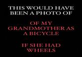 THIS WOULD HAVE BEEN A PHOTO OF OF MY GRANDMOTHER AS A BICYCLE IF SHE HAD WHEELS