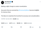 Elon Musk @elonmusk Making a slight change to creator monetization: Any posts that are corrected by @Community Notes become ineligible for revenue share. The idea is to maximize the incentive for accuracy over sensationalism. 7:10 PM - Oct 29, 2023 20.4M Views 14.6K Reposts 5,227 Quotes 148.5K Likes 2,134 Bookmarks 27 2.1K 1