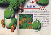 TO BABY FAT Amidst all the hullabaloo about Yoshi challenging Boshi, a bambino is born! Like all infants, the youngster has the appetite of a famished hog, in this case, for cookies, which he gob- bles until he's bloat- ed. Keep feeding him to get items such as Red and Essence Yoshi Ade.
