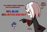 According to father's database, you are comprised of: 50% BLUE 50% BITCH-ASS RAT It appears he was right. ONLY FACTS ل