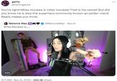garlic @sarlicgauce You're right! Miles morales is miles morales! That is his name!! But did you know he is also the superhero commonly known as spider-man!! Really makes yuo think. Melonie Mac + Miles Morales is..... 0:01 BUTTER @MelonieMac - Nov 6 9:11 AM - Nov 8, 2023 936.5K Views 41 Da