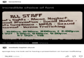 berserklrina incredible choice of font ALL STAFF ent's Rights Abuse. Neglect, ment Prevention Social Media - ate Compliance HiPAA - Sexual assment Human Trafficking - - - -10:00amm, 10:30am, 11:00am & 2:00pm Shift-3:30pm, 4:00pm, 4:30pmn 11-7 Shift - TBD westballz-baptist-church 74,313 notes - 16:42 04/02/23 39K Views sponge boy me bob we're having a presentation on human trafficking