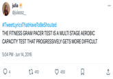 julia @julezsz__ #TweetLyricsThatHaveToBeShouted THE FITNESS GRAM PACER TEST IS A MULTI STAGE AEROBIC CAPACITY TEST THAT PROGRESSIVELY GETS MORE DIFFICULT 5:04 PM Jun 14, 2016 4 410 450 □ :