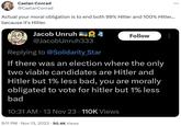 Caelan Conrad @CaelanConrad Actual your moral obligation is to end both 99% Hitler and 100% Hitler... because it's Hitler. Jacob Unruh 84 @JacobUnruh333 Follow Replying to @Solidarity Star If there was an election where the only two viable candidates are Hitler and Hitler but 1% less bad, you are morally obligated to vote for hitler but 1% less bad 10:31 AM 13 Nov 23 110K Views 9:11 PM • Nov 13, 2023 50.4K Views : :