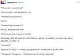 102.3 REAL WIZARDS FM jazzw4ve Follow *thunder crackling* THOU ART LISTENING TO *fireball explosion* 102.3 *bubbling cauldron* REAL WIZARDS FM *shimmering mana crystal* WHERE WE PLAYETH NOTHING BUT CHANTS, CHANTS, AND MORE CHANTS *wololo* THIS ART NOT THINE ELDER MATRIARCH'S STATION *Imagine Dragons - Radioactive starts playing*