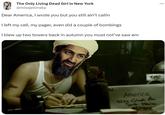 Dear America, I wrote you but you still ain't callin The Only Living Dead Girl in New York @missjellinsky Dear America, I wrote you but you still ain't callin I left my cell, my pager, even did a couple of bombings I blew up two towers back in autumn you must not've saw em America Colunda Ave. :