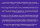 Hi Fam! Welp, it's been a weird week. Though we know better than to pay attention to, like, the internet, it seems like a good idea to jump in here and put some rumors about Ellyn and Joey and the future of I Think Not! to bed. First and most importantly: I want to make it clear that Ellyn and Joey have not been fired. Despite some confusion we've heard about, they're continuing to make their two episodes per week, and we just announced a tour featuring them. Plus they'll be joining us at Obsessed Fest, and they're still getting paid on schedule as planned. Now, as for the future of I Think Not!, we've been collaborating with Ellyn, Joey, and their team for several months now to figure out what happens when their current contracts are up at the end of the year. We haven't wanted to say too much about this online out of respect for Ellyn and Joey and the privacy of these confidential business conversations. However, I can assure you that our shared objective is to reach an agreement about a way forward for all of us. That's all for now. We will continue to keep you informed as the situation evolves. And thank you, as always, for your love and support.