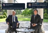 Reference to an exchange between them that took place before any of them were president for different political parties, that acquired a lot of traction after Milei won the presidential elections.
A rough translation is:

* Milei's speech is impactful! Everything he says is correct.
* Thanks a lot, professor!

<blockquote class="twitter-tweet"><p lang="es" dir="ltr">Impactante lo de Milei!!! Es correcto todo lo que dice</p>&mdash; Alberto Fernández (@alferdez) <a href="https://twitter.com/alferdez/status/966463124504236032?ref_src=twsrc%5Etfw">February 22, 2018</a></blockquote> <script async src="https://platform.twitter.com/widgets.js" charset="utf-8"></script> 

<blockquote class="twitter-tweet"><p lang="es" dir="ltr">Muchas gracias PROFESOR...!!!</p>&mdash; Javier Milei (@JMilei) <a href="https://twitter.com/JMilei/status/966795313209135104?ref_src=twsrc%5Etfw">February 22, 2018</a></blockquote> <script async src="https://platform.twitter.com/widgets.js" charset="utf-8"></script> 