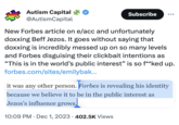 Autism Capital @AutismCapital Subscribe New Forbes article on e/acc and unfortunately doxxing Beff Jezos. It goes without saying that doxxing is incredibly messed up on so many levels and Forbes disguising their clickbait intentions as "This is in the world's public interest" is so f**ked up. forbes.com/sites/emilybak... it was any other person. Forbes is revealing his identity because we believe it to be in the public interest as Jezos's influence grows. 10:09 PM . Dec 1, 2023 402.5K Views