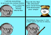 I will do everything to prevent the United States from entering another bloody World War. Kon Ni Chi Wa! We attacked your naval base and destroyed your ships! 의.. YESTERDAY, December 7, 1941 a date which will live in infamy... be