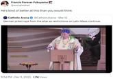 Francis Forever Fukuyama @socialaskan He's kind of better at this than you would think Catholic Arena @CatholicArena · Mar 12 German priest raps from the altar as restrictions on Latin Mass continue. CATACARENA 9:54 PM Dec 9, 2023 1.7M Views