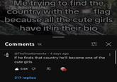 Me trying to find the Subscriptions country with the flag because all the cute girls have it in their bio Comments 1K @TheTrueKomenta 4 days ago If he finds that country he'll become one of the cute girls 5.6K # X 217 replies :