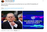 DRU GODO The Cine Geek 5550 @CineGeekNews Warner Bros Discovery currently has an over 60% Probability of Bankruptcy. (Via: macroaxis.com/invest/ratio/W...) Traduire le post 3:06 PM 13 déc. 2023 911,2 k vues . (VB) WARNER BROS. DISCOVERY :