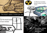 "The Hand" claims 1 victim per day 2) See The Hand outside of your window AS 1) Work at nuclear power plant control room O CoolClips.com LL- AN October 1993 Calder Hall Incident