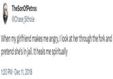 TheSonOfPetros @Chase_Sithole When my girlfriend makes me angry, I look at her through the fork and pretend she's in jail. It heals me spiritually 1:20 PM · Dec 11, 2018