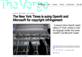 The Ver The Varga / Tech / Reviews / Science / Entertainment / More + ARTIFICIAL INTELLIGENCE / TECH/ MICROSOFT The New York Times is suing OpenAl and Microsoft for copyright infringement The Nero Hork Times Photo by Kena Betancur/VIEWpress / A lawsuit claims OpenAl copied millions of Times' articles to train the language models that power ChatGPT and Microsoft Copilot. By Emma Roth, a news writer who covers the streaming wars, consumer tech, crypto, social media, and much more. Previously, she was a writer and editor at MUO. Dec 27, 2023, 2:49 PM GMT+1 | 40 Comments/40 New f