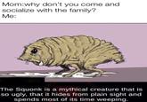 Mom:why don't you come and socialize with the family? Me: The Squonk is a mythical creature that is so ugly, that it hides from plain sight and spends most of its time weeping.
