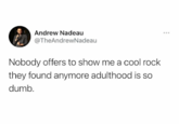 Andrew Nadeau @TheAndrewNadeau Nobody offers to show me a cool rock they found anymore adulthood is so dumb. I