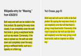 Wikipedia entry for "Weaving," from 4/26/2010 Both warp and weft can be visible in the final product. By spacing the warp more closely, it can completely cover the weft that binds it, giving a warpfaced textile such as rep weave. Conversely, if the warp is spread out, the weft can slide down and completely cover the warp, giving a weftfaced textile, such as a tapestry or a Kilim rug. Neri Oxman, page 81 Both warp and weft can be visible in the final product. By spacing the warp more closely, it can completely cover the weft that binds it, giving a warp faced textile. Conversely, if the warp is spread out, the weft can slide down and completely cover the warp, giving a weft faced textile, such as a tapestry or a Kilim rug.