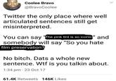 Coolee Bravo @BravoCoolee Twitter the only place where well articulated sentences still get misinterpreted. You can say "The pink tint is so iconic" and somebody will say "So you hate film preservation? No bitch. Dats a whole new sentence. W-- is you talkin about. 1:34 pm. 23 Oct 17 61.4K Retweets 146K Likes