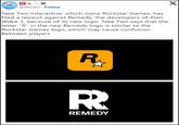 OAX @0AOXO. Follow Take Two Interactive, which owns Rockstar Games, has filed a lawsuit against Remedy, the developers of Alan Wake 2, because of its new logo. Take Two says that the letter "R" in the new Remedy logo is similar to the Rockstar Games logo, which may cause confusion. Between players R₁₂ X R REMEDY